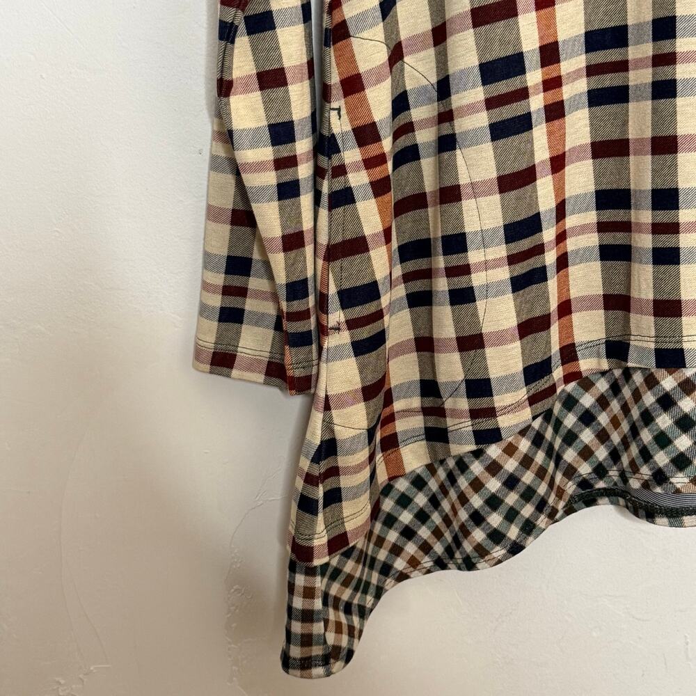 LOGO Lori Goldstein Plaid Sharkbite Tunic Top Large Boho V-Neck Asymmetrical - Picture 8 of 10